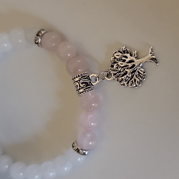 Rose Quartz & White Jade Tree of Life Charm Bracelet - Picture 5 of 8